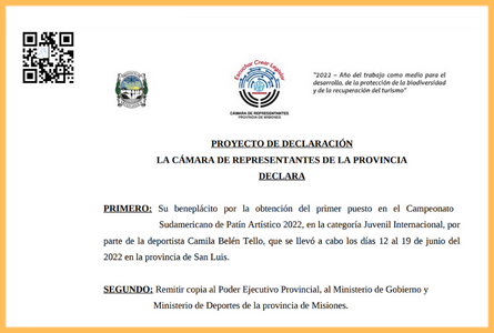 Beneplácito por la obtención del Primer Puesto en el Campeonato Sudamericano de Patín Artístico 2022 - Categoría Juvenil Internacional, de la deportista Camila Belén Tello
