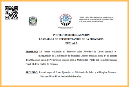 Declaración de Interés Provincial Proyecto "Abordaje de Duelo Perinatal e Inauguración de la Habitación de Despedida"